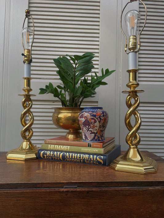 Vintage Baldwin Mid Century Solid Brass Barley Twist Table Lamps - A Pair