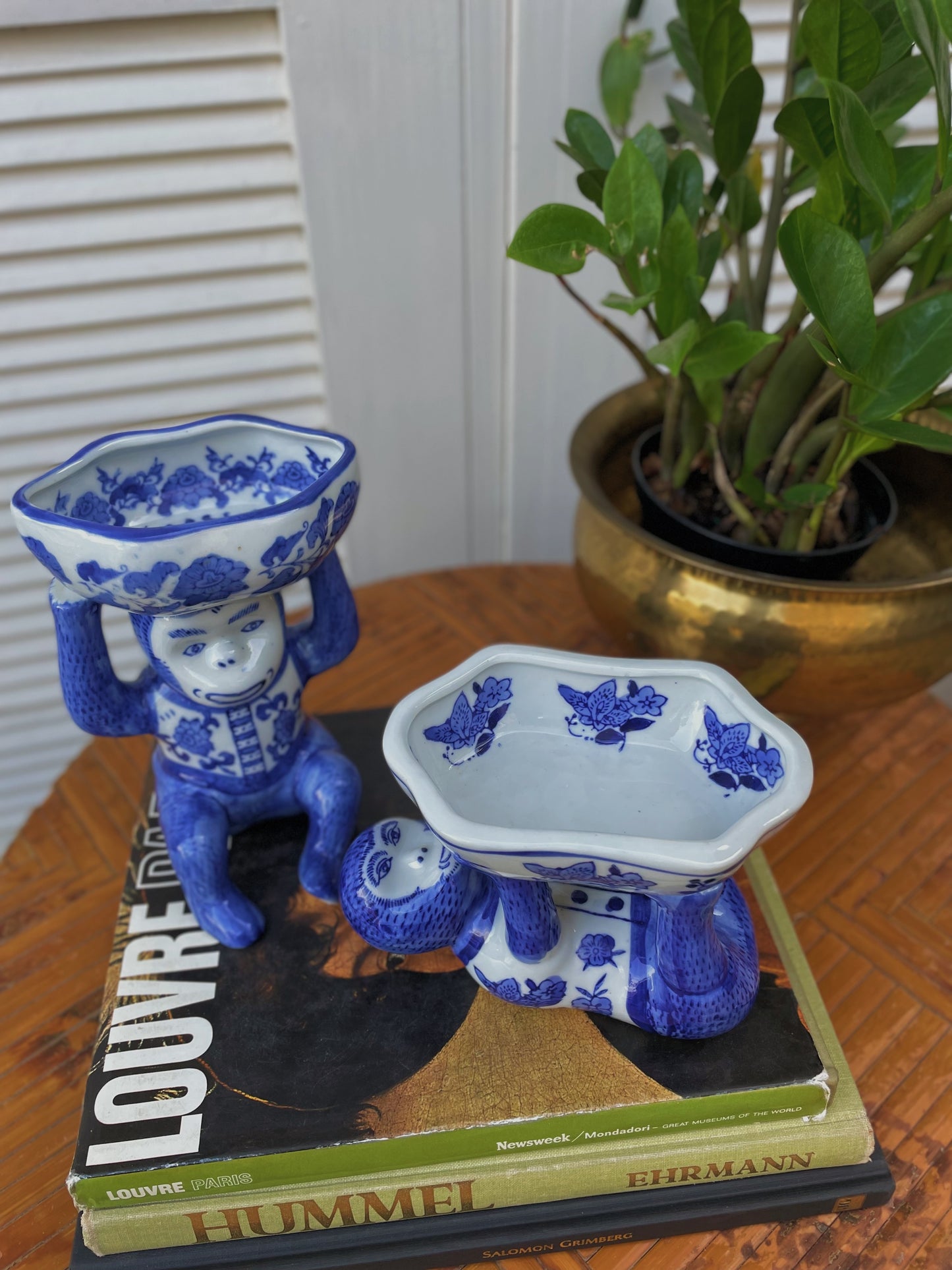 Vintage Chinoiserie Blue & White Porcelain Handpainted Monkey Figurines — A Pair