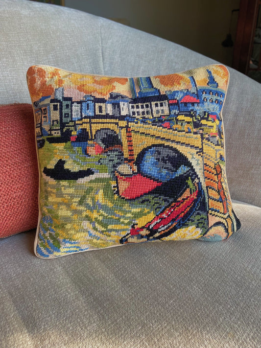 Vintage Mid Century Venice Scene Needlepoint Throw Pillow