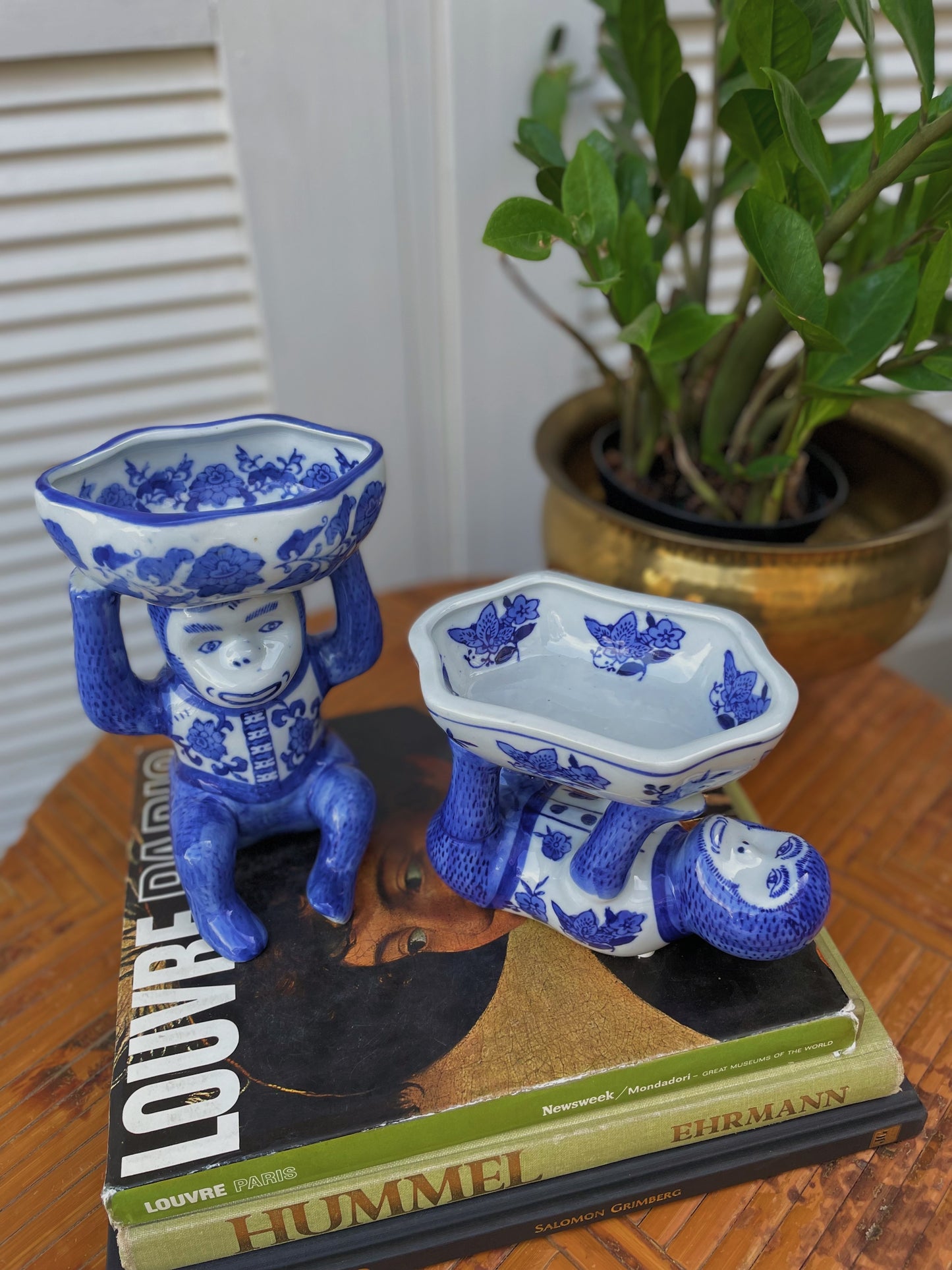 Vintage Chinoiserie Blue & White Porcelain Handpainted Monkey Figurines — A Pair