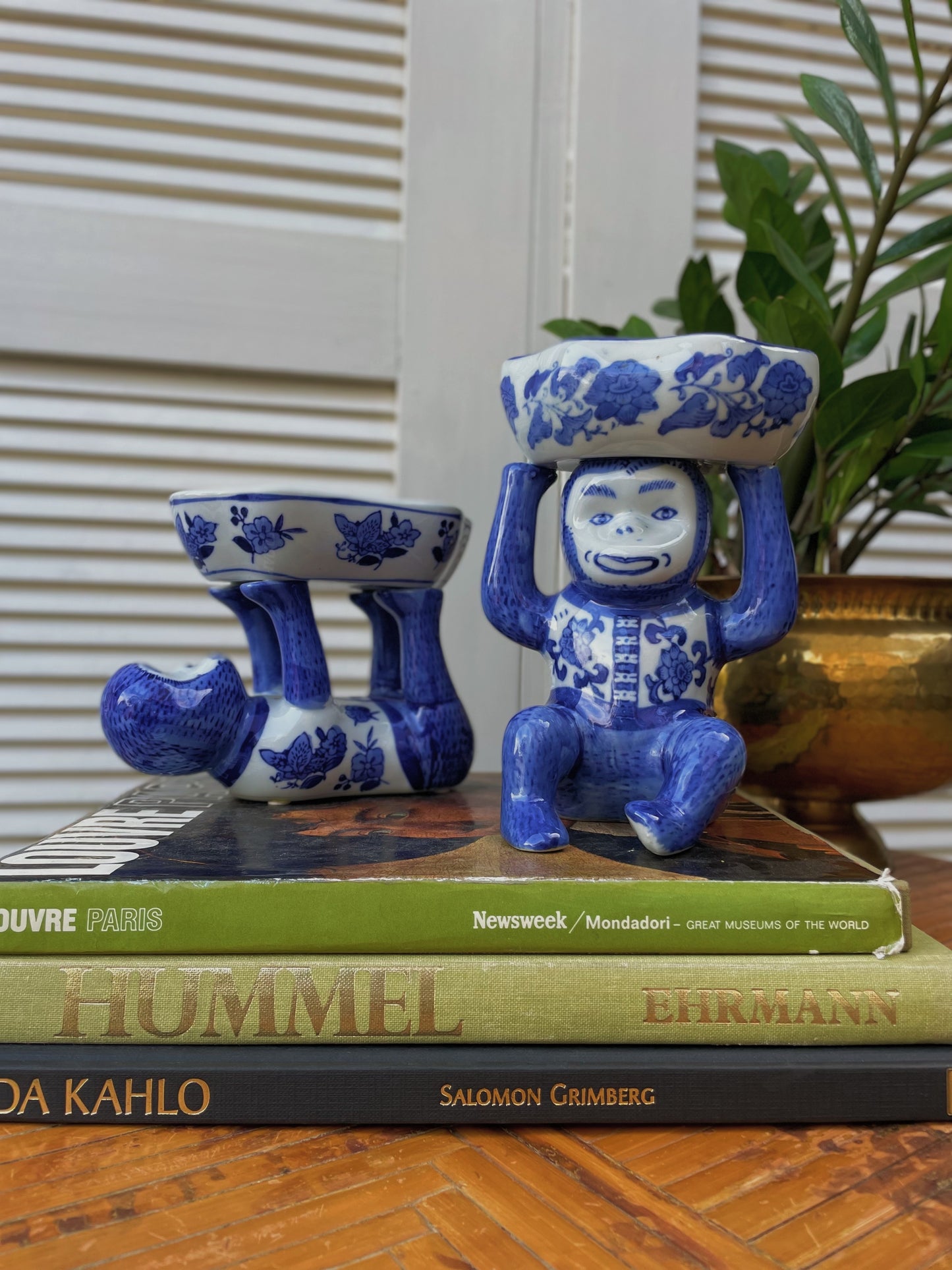 Vintage Chinoiserie Blue & White Porcelain Handpainted Monkey Figurines — A Pair