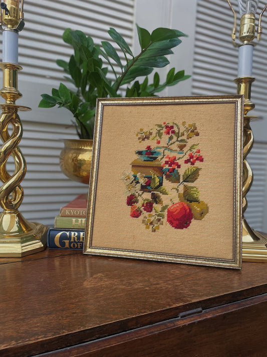 Vintage Hand-Stitched Chinoiserie Style Fruit & Floral Needlepoint