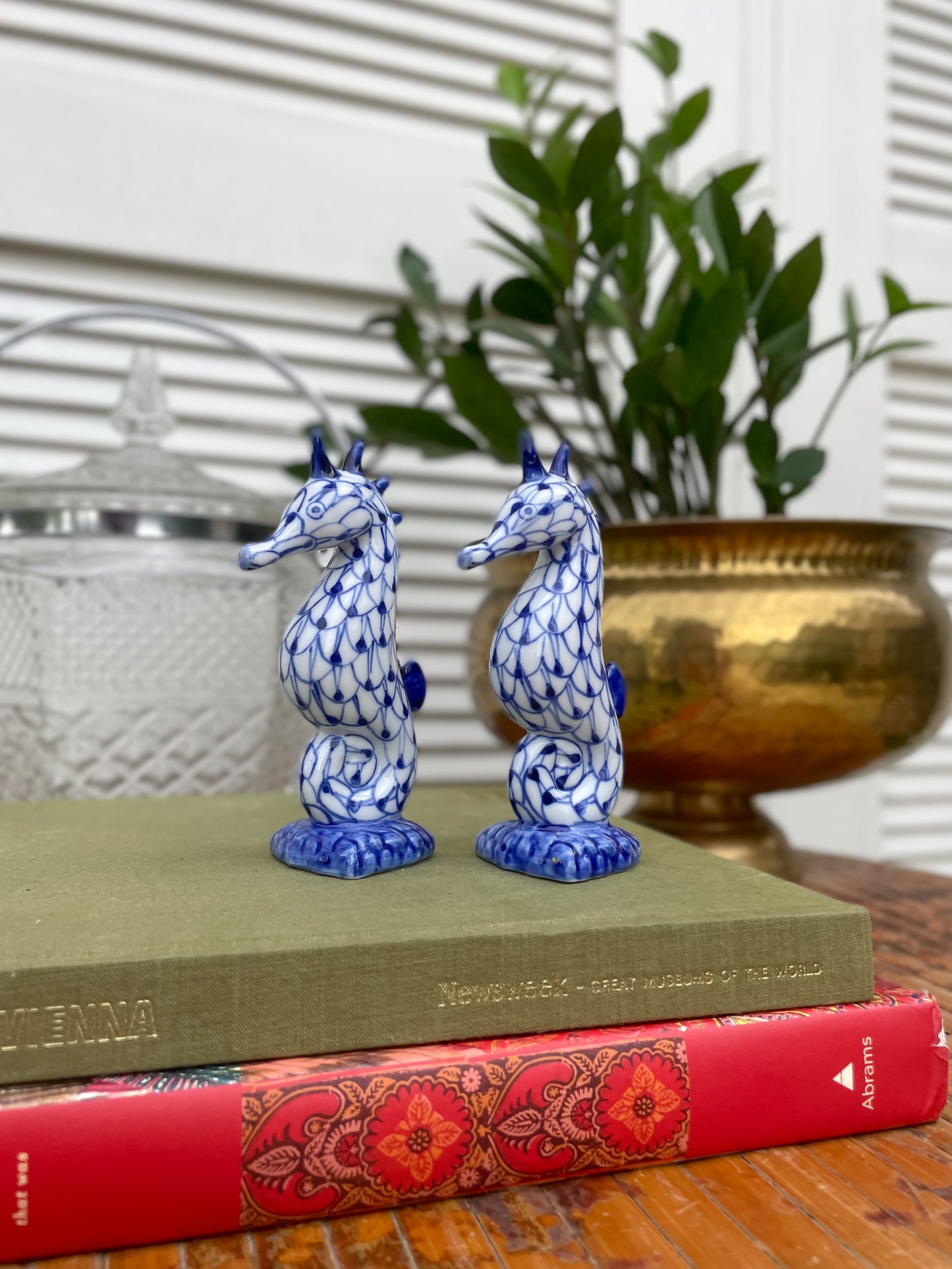 Vintage Blue & White Porcelain Seahorse Salt and Pepper Shaker Set - Andrea by Sadek