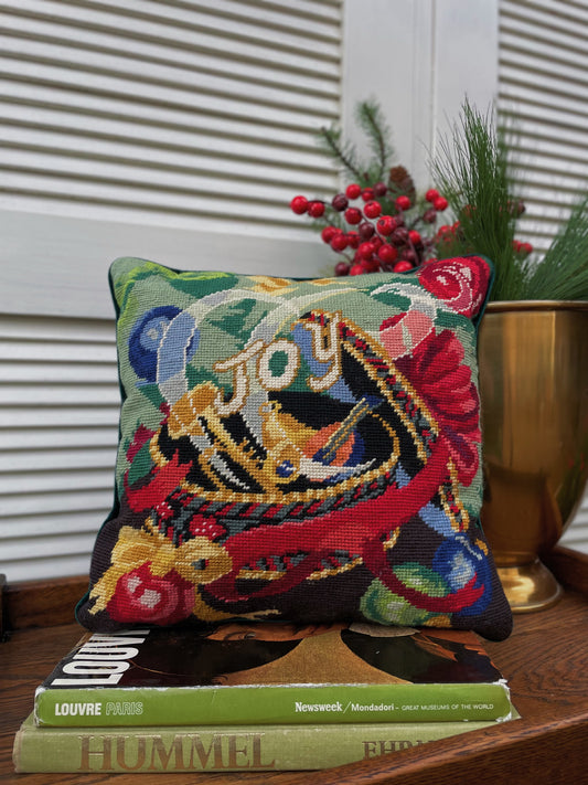 Vintage Vibrant Christmas “Joy Needlepoint Throw Pillow