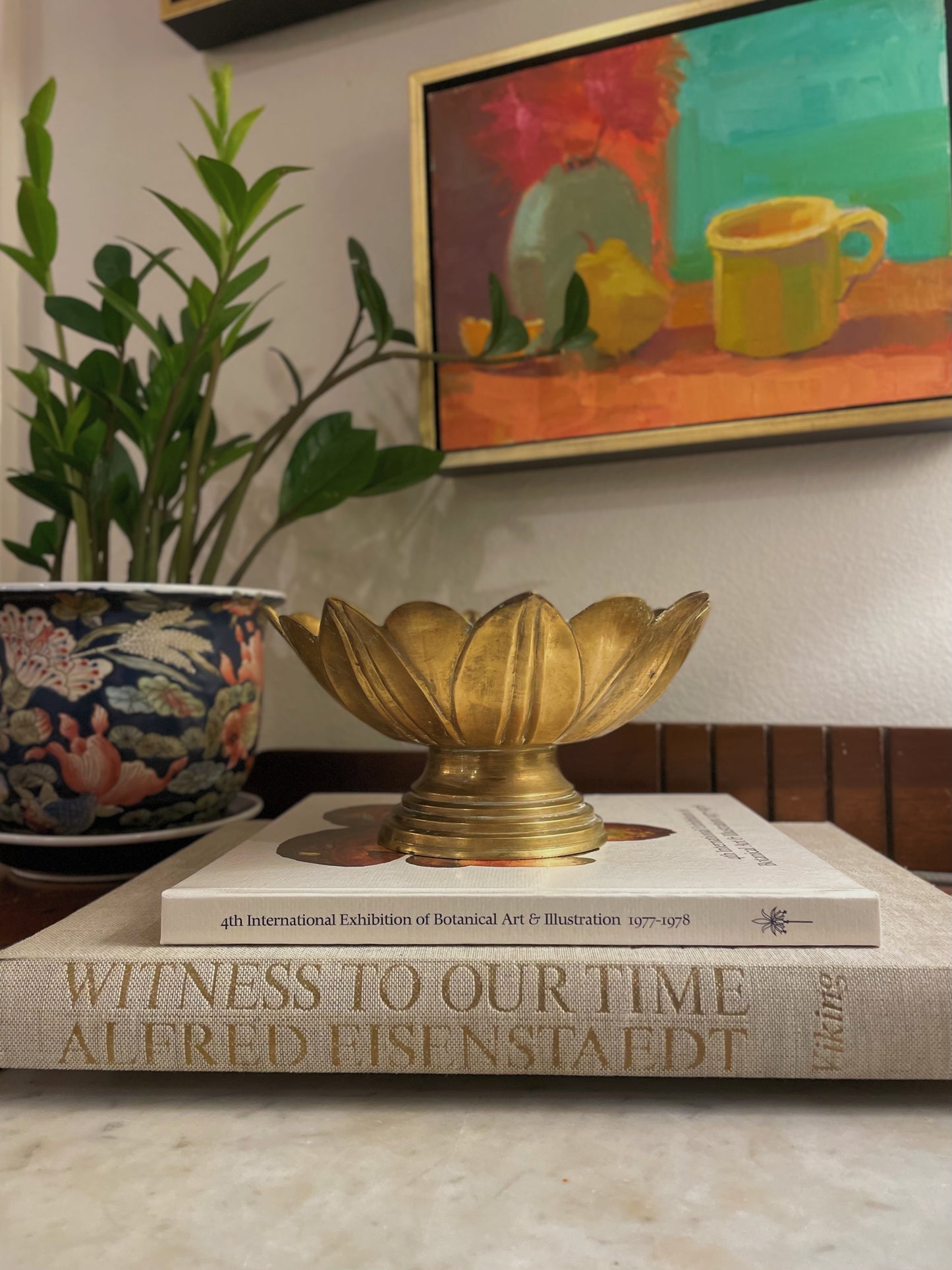 Vintage Mid Century Heavy Brass Lotus Pedestal Bowl