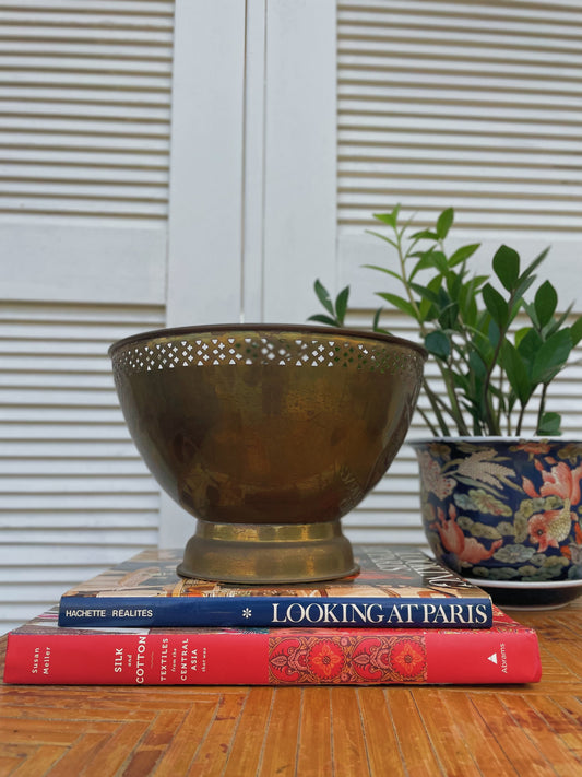 Vintage Mid Century Brass Reticulated Trim Pedestal Bowl