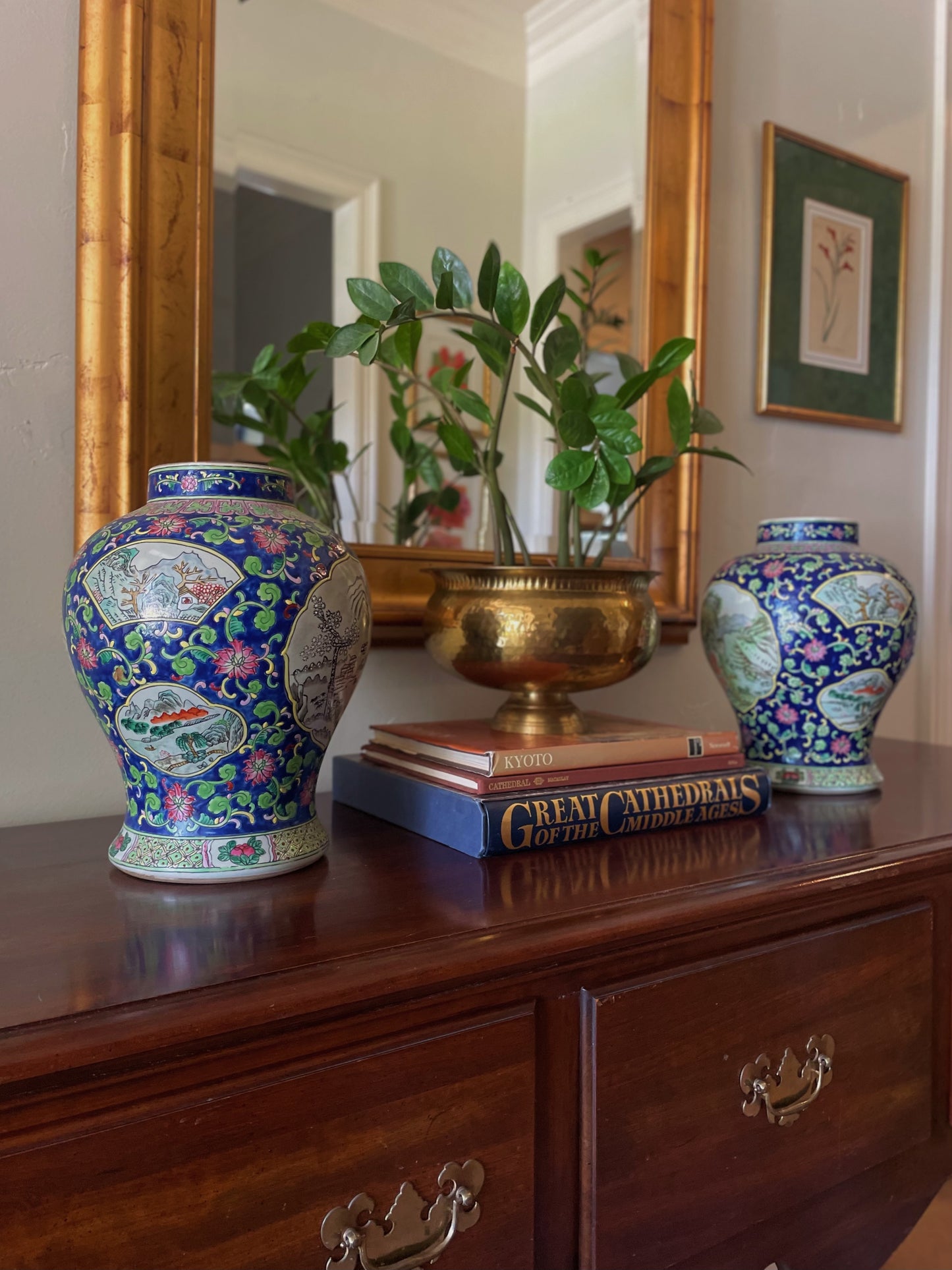 Vintage Chinese Polychrome Porcelain Temple Jars - A Pair