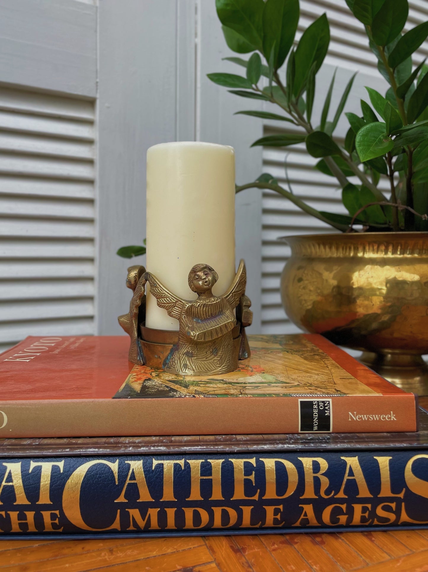 Vintage Mid Century Rejoicing Angels Solid Brass Christmas Candle Holder