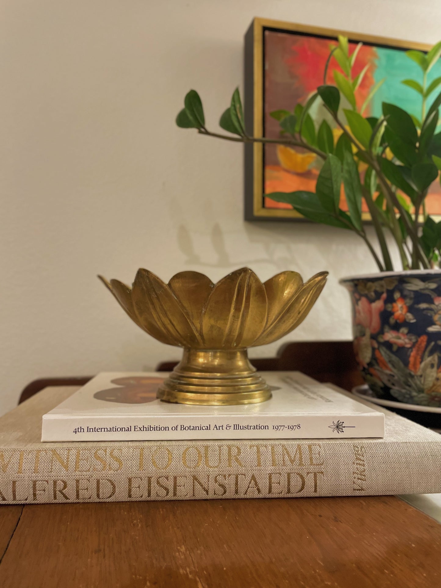 Vintage Mid Century Heavy Brass Lotus Pedestal Bowl