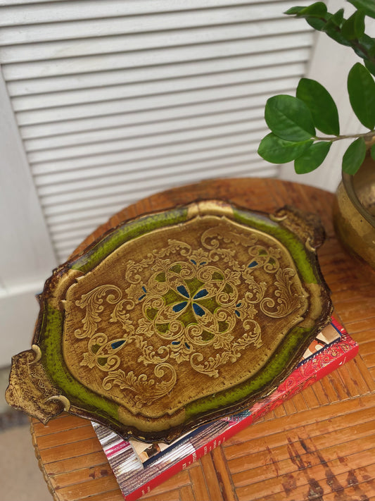 Vintage Italian Florentine Gilded Wood Green and Gold Decorative Tray