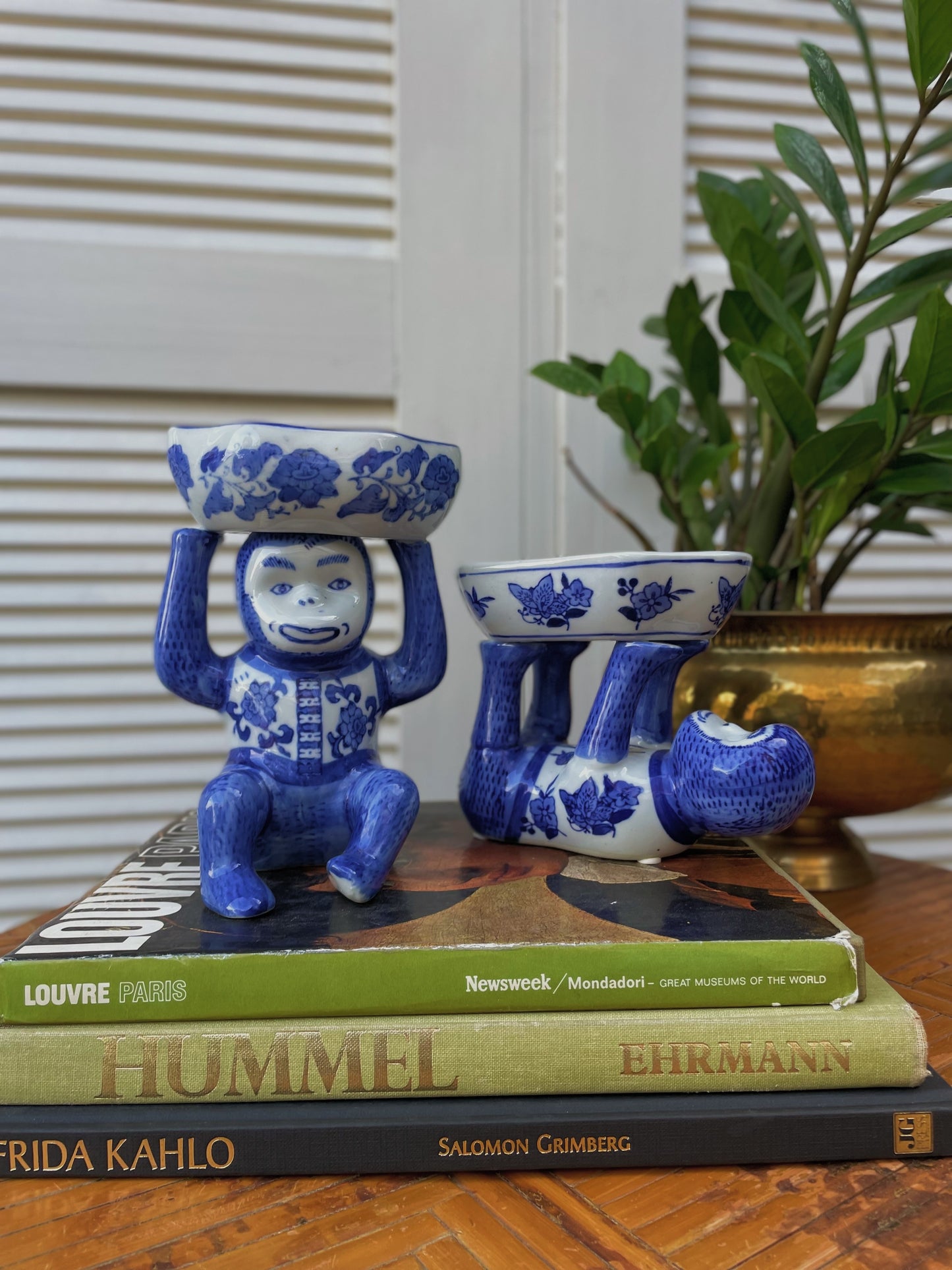 Vintage Chinoiserie Blue & White Porcelain Handpainted Monkey Figurines — A Pair