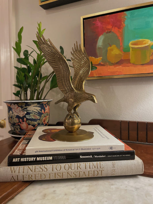 Vintage Circa 1960s Mid Century Brass Eagle in Flight with Spanned Wings on Globe