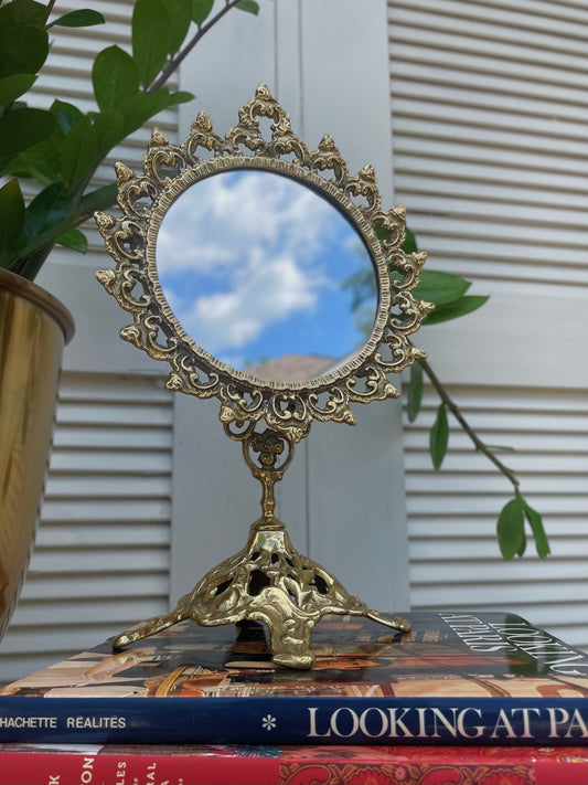 Antique Ornate Baroque Style Heavy Brass Vanity Mirror