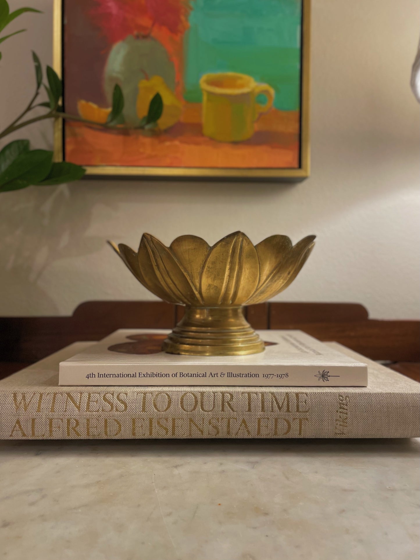 Vintage Mid Century Heavy Brass Lotus Pedestal Bowl