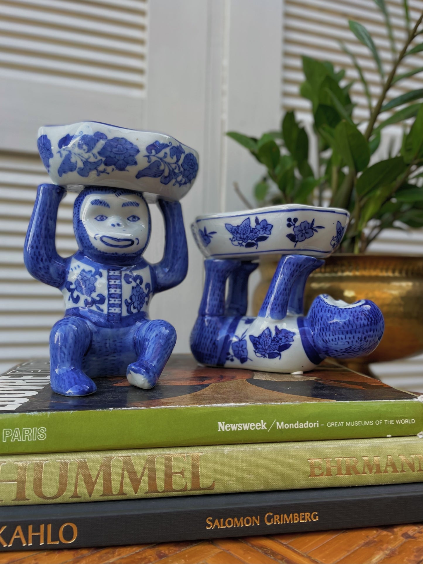 Vintage Chinoiserie Blue & White Porcelain Handpainted Monkey Figurines — A Pair