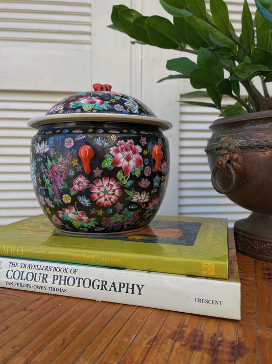 Vintage Chinese Famille Noir Lidded Handled Porcelain Jar with Cricket Finial