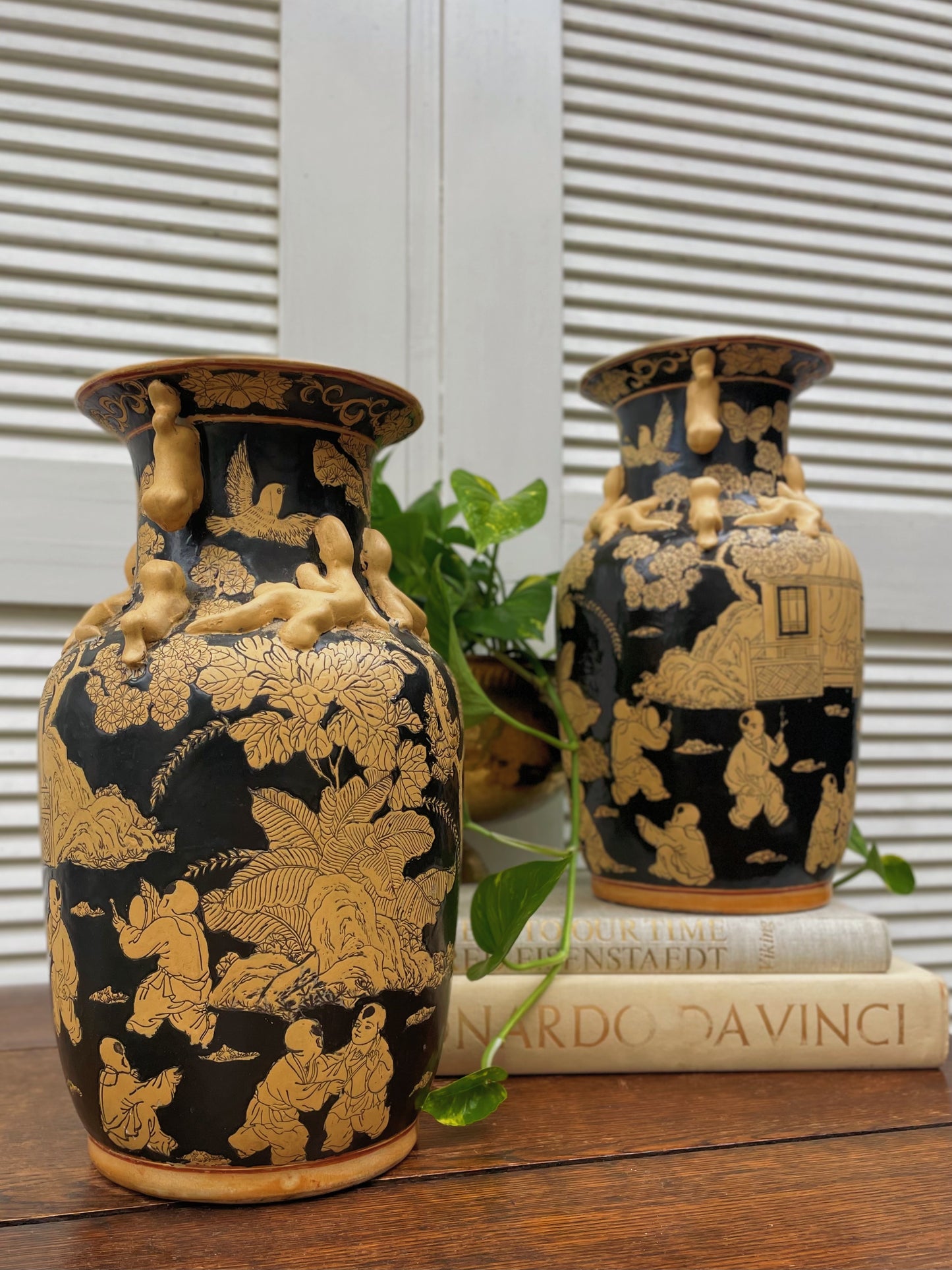 Vintage Chinese Famille Noire Porcelain Dual Handled Vases - A Pair