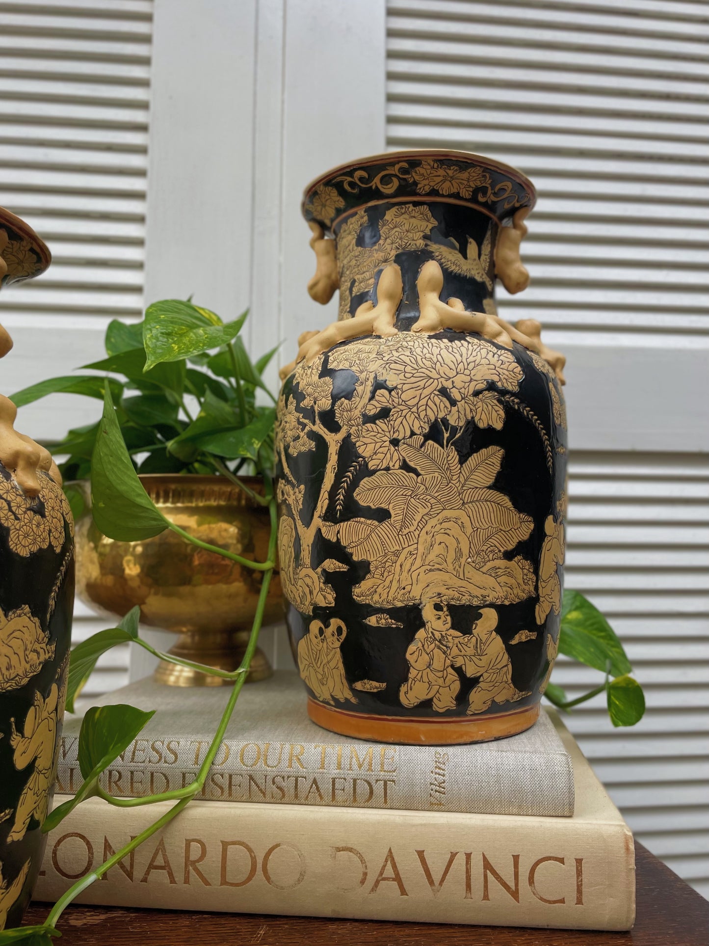 Vintage Chinese Famille Noire Porcelain Dual Handled Vases - A Pair