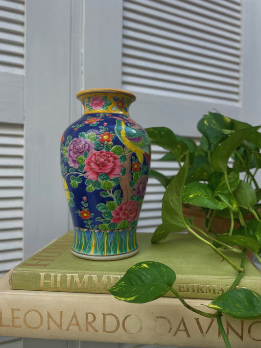 Antique Meiji Japanese Cobalt Enameled Pheasant & Flower Vase