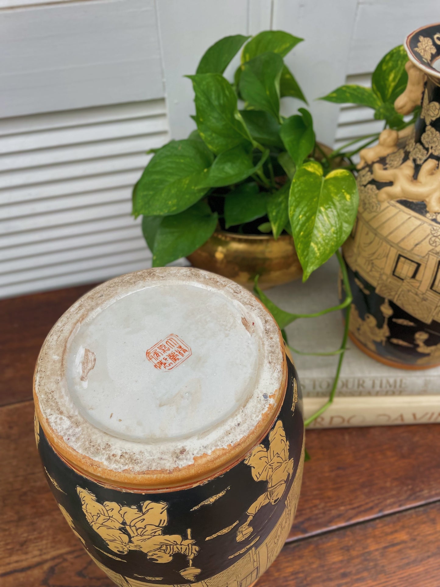 Vintage Chinese Famille Noire Porcelain Dual Handled Vases - A Pair