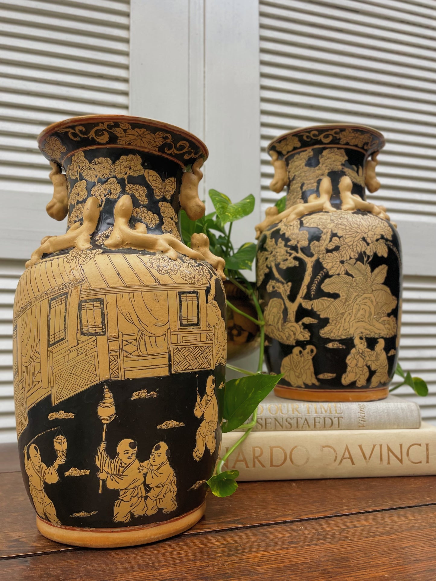 Vintage Chinese Famille Noire Porcelain Dual Handled Vases - A Pair