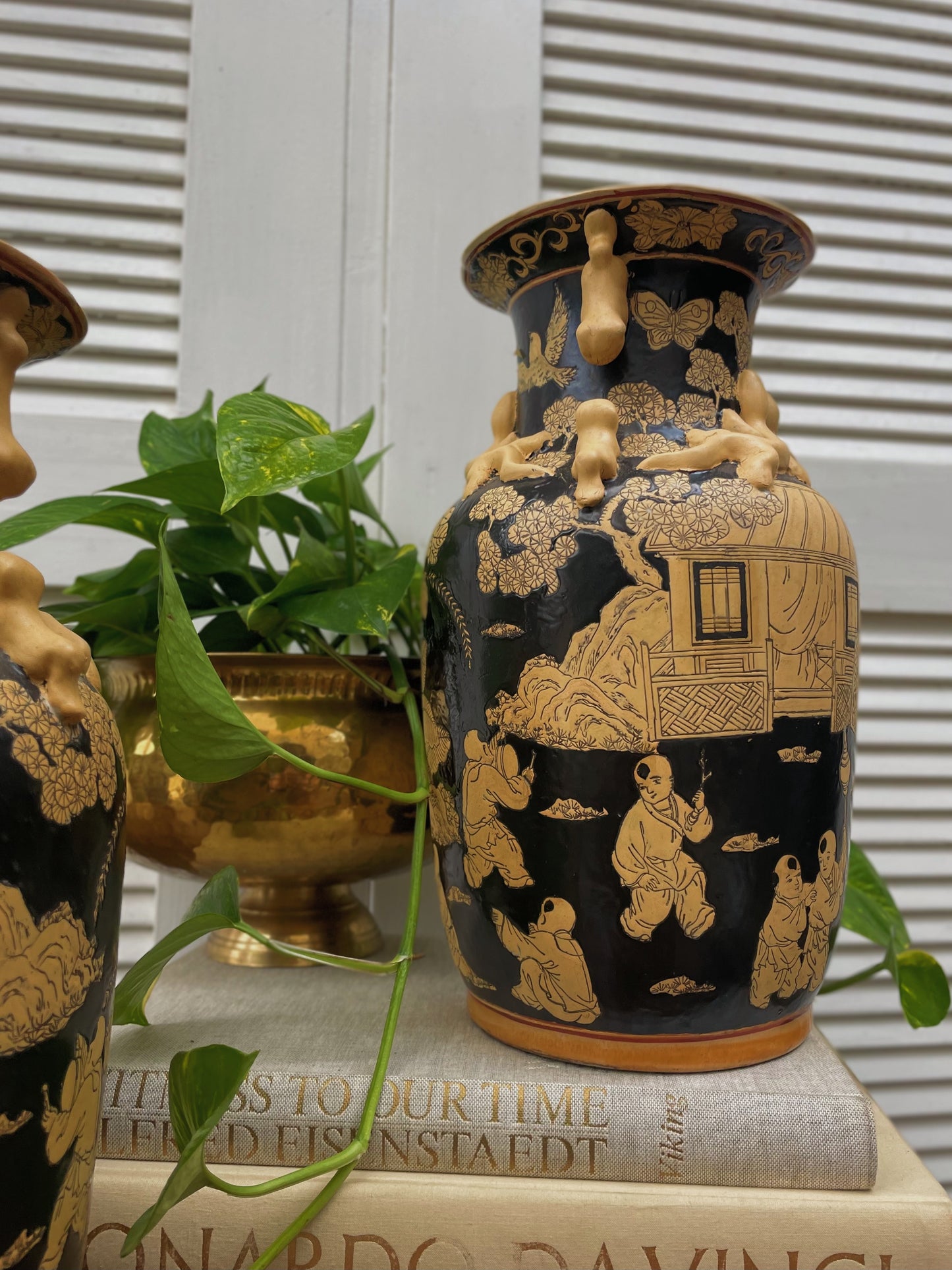 Vintage Chinese Famille Noire Porcelain Dual Handled Vases - A Pair