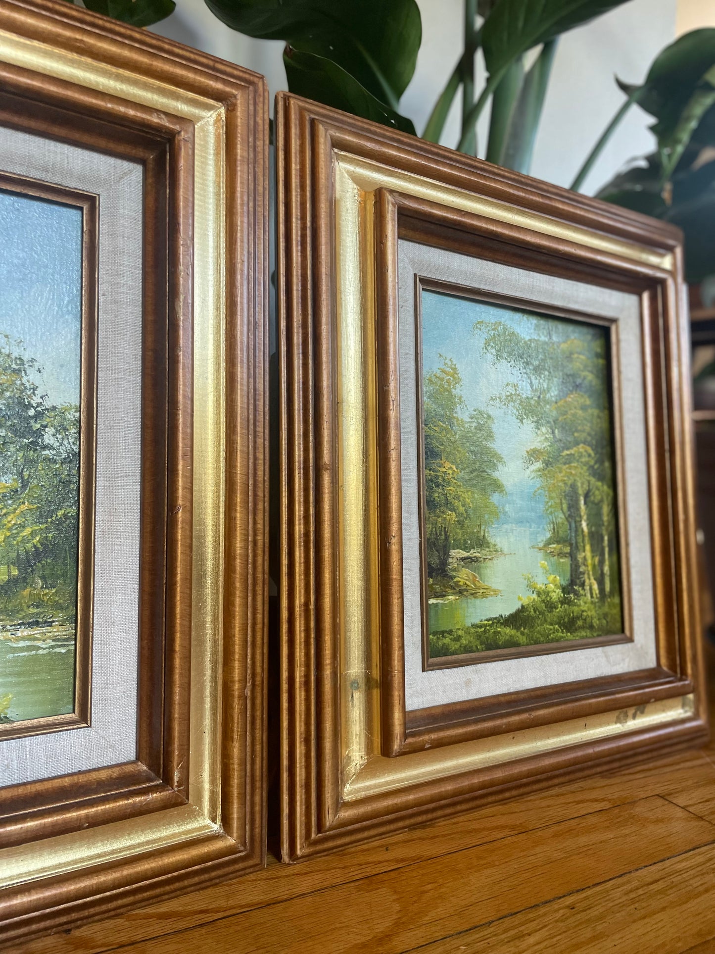 Vintage Mid Century Original Irene Cafieri Wood Framed Oil Landscape Paintings — A Pair