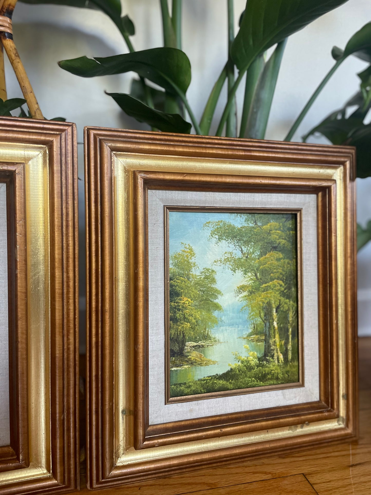 Vintage Mid Century Original Irene Cafieri Wood Framed Oil Landscape Paintings — A Pair