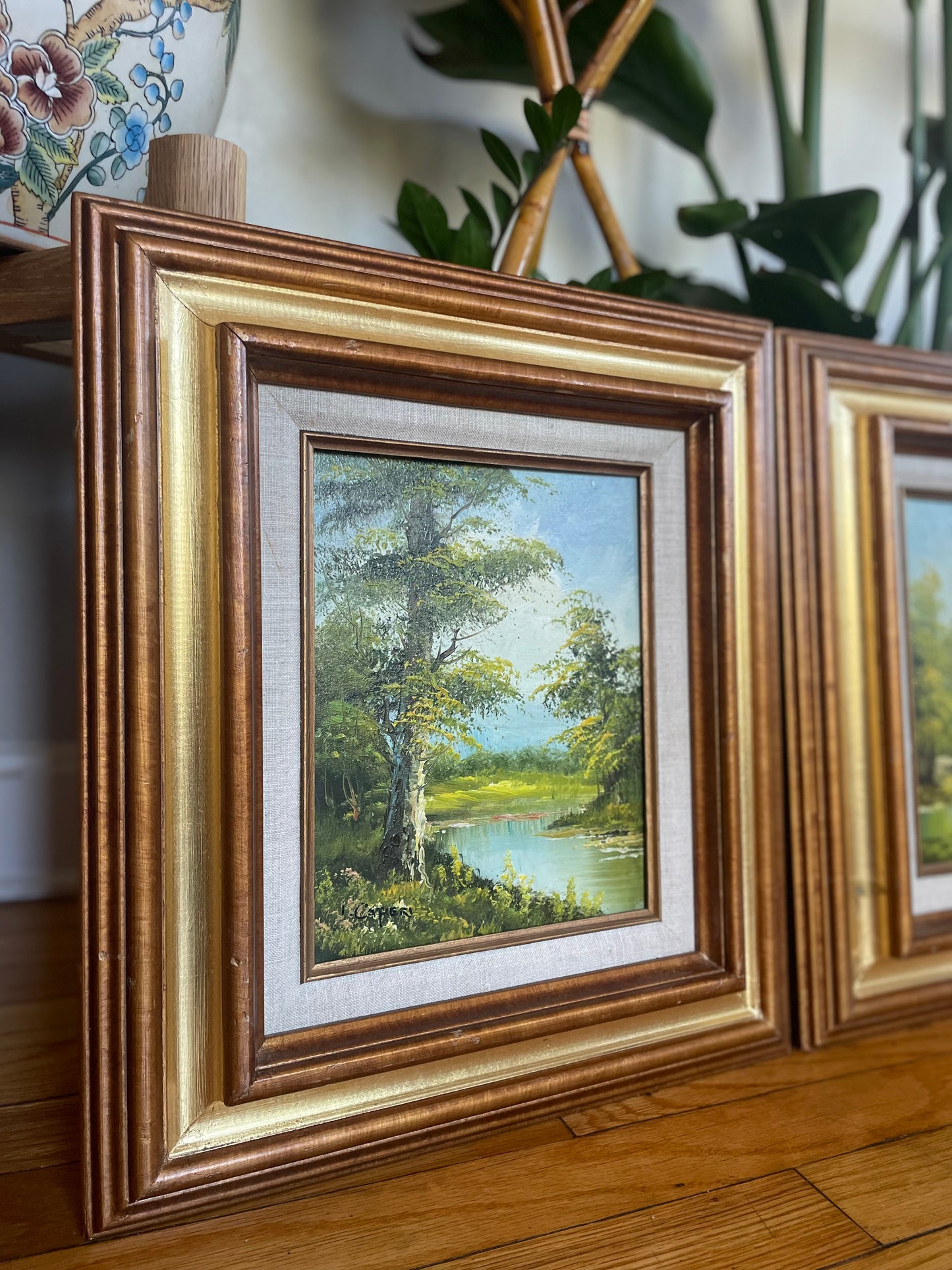 Vintage Mid Century Original Irene Cafieri Wood Framed Oil Landscape Paintings — A Pair