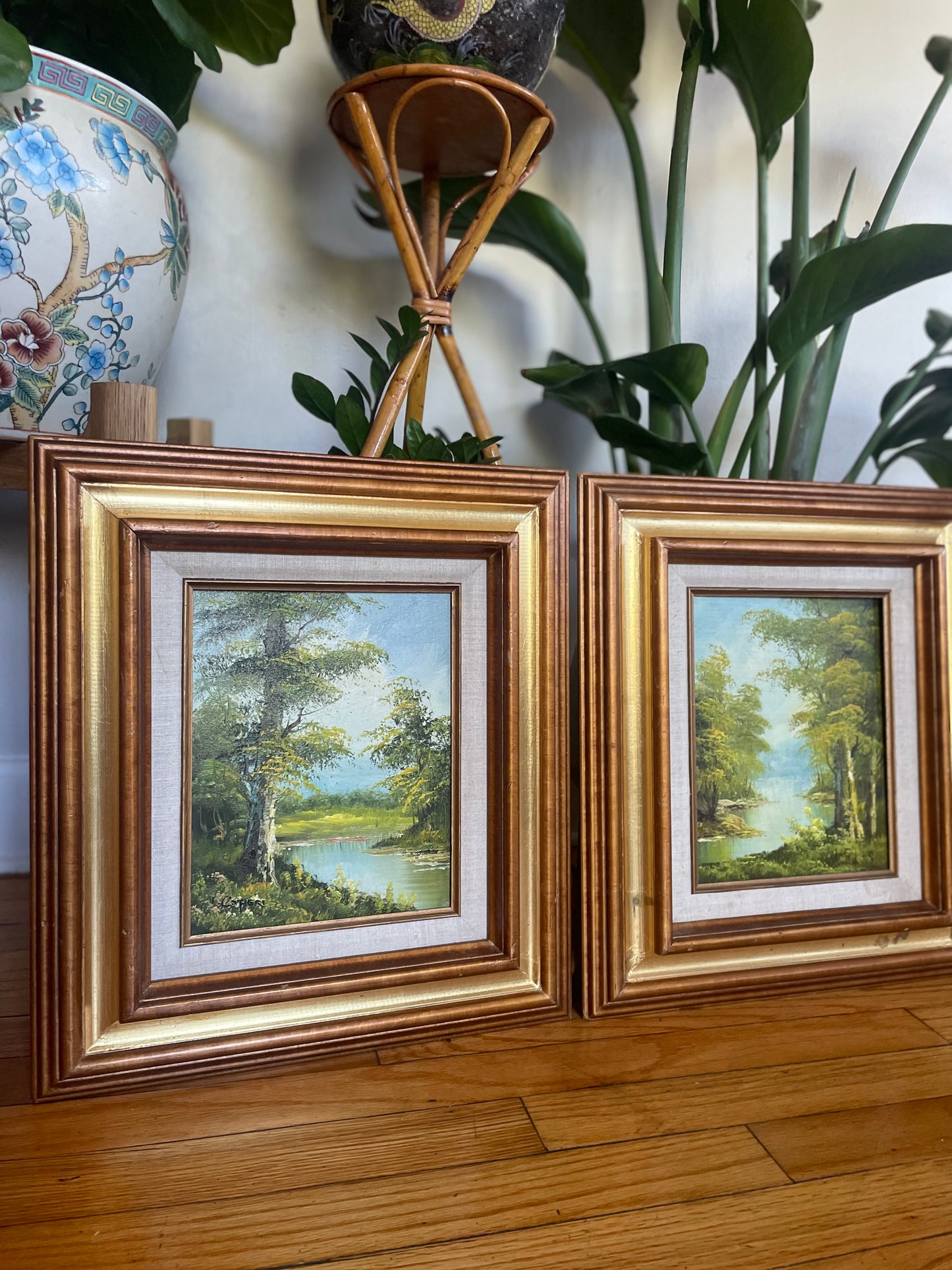 Vintage Mid Century Original Irene Cafieri Wood Framed Oil Landscape Paintings — A Pair