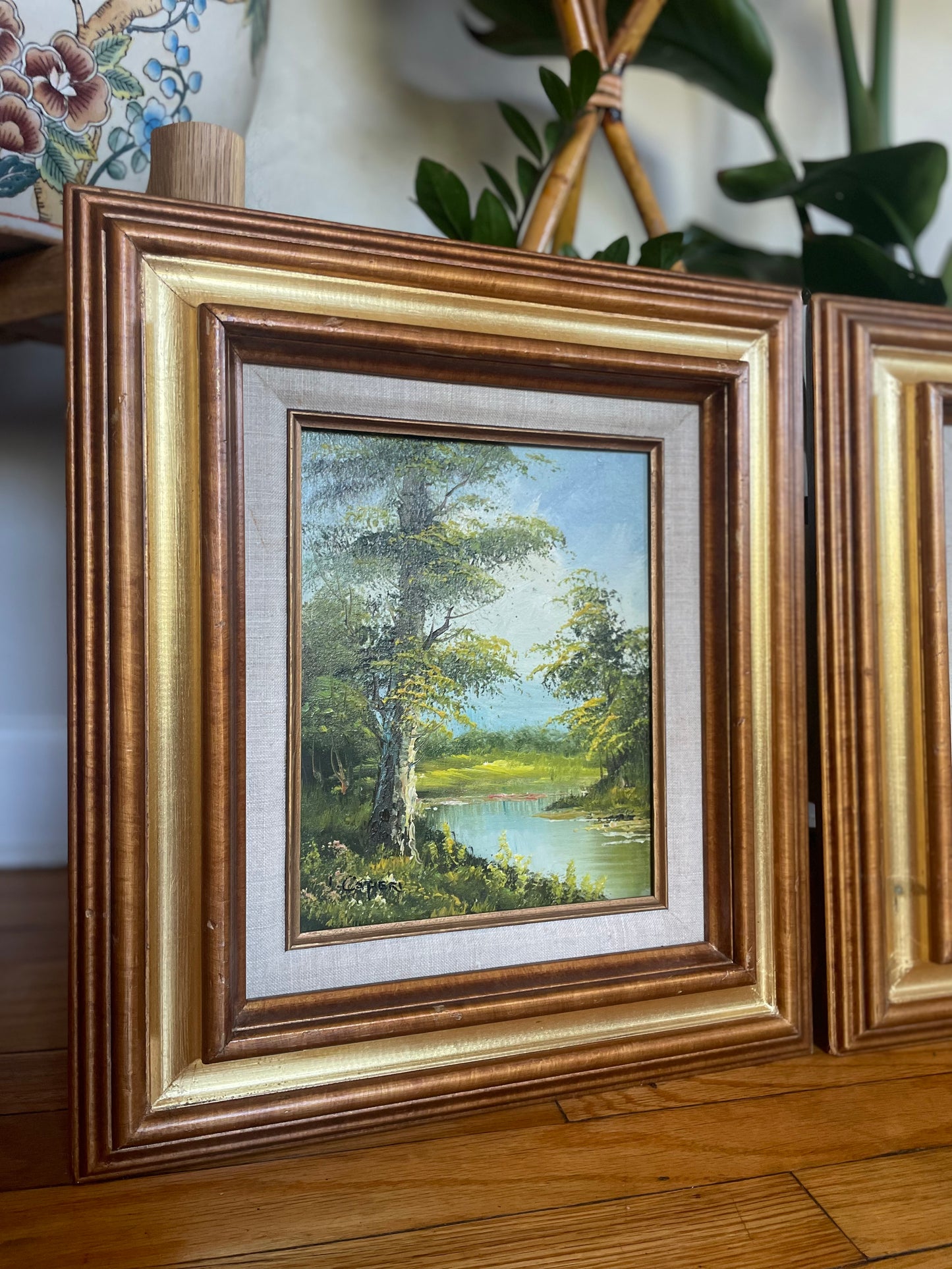 Vintage Mid Century Original Irene Cafieri Wood Framed Oil Landscape Paintings — A Pair