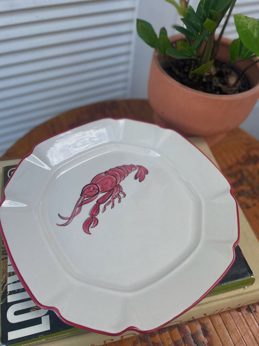 Vintage Mid Century Signed Handpainted Crawfish Scalloped Platter