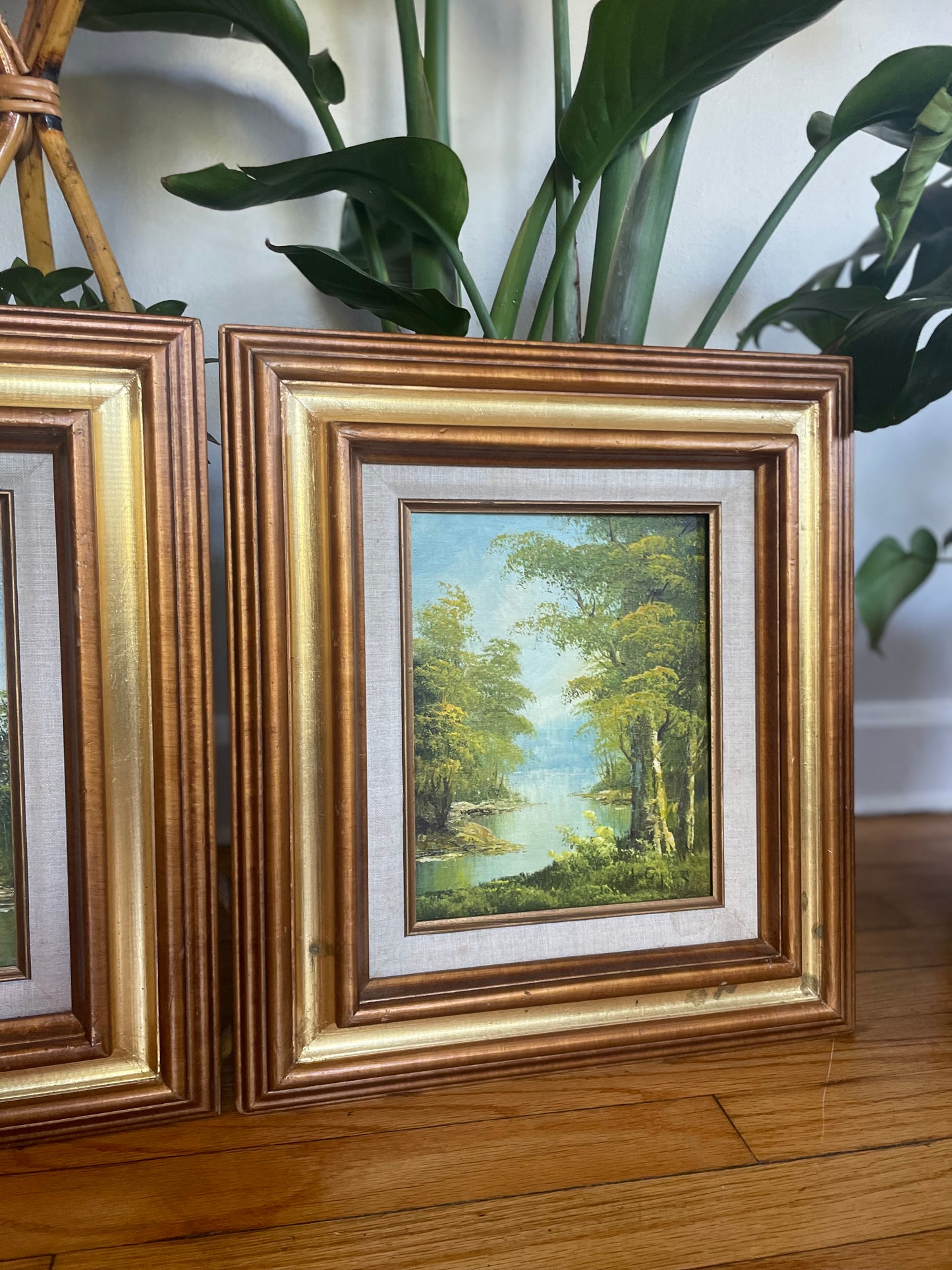 Vintage Mid Century Original Irene Cafieri Wood Framed Oil Landscape Paintings — A Pair