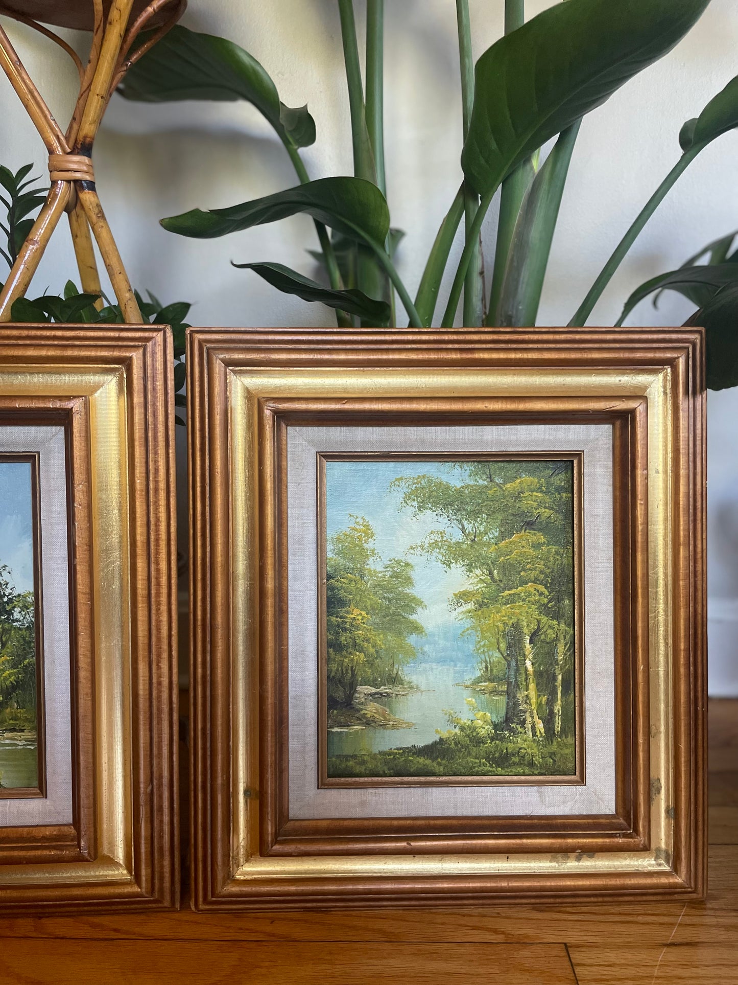 Vintage Mid Century Original Irene Cafieri Wood Framed Oil Landscape Paintings — A Pair